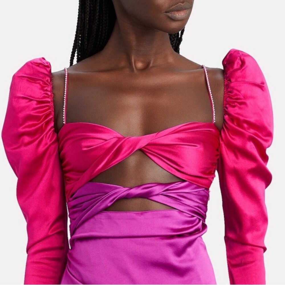 The Bar Fuchsia Pink & Purple Satin Silk Twist Cut Out Rhinestone Top Large NWT